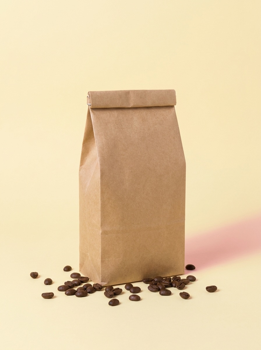 A plain kraft paper coffee bag standing on a butter yellow backdrop with roasted beans scattered at its base