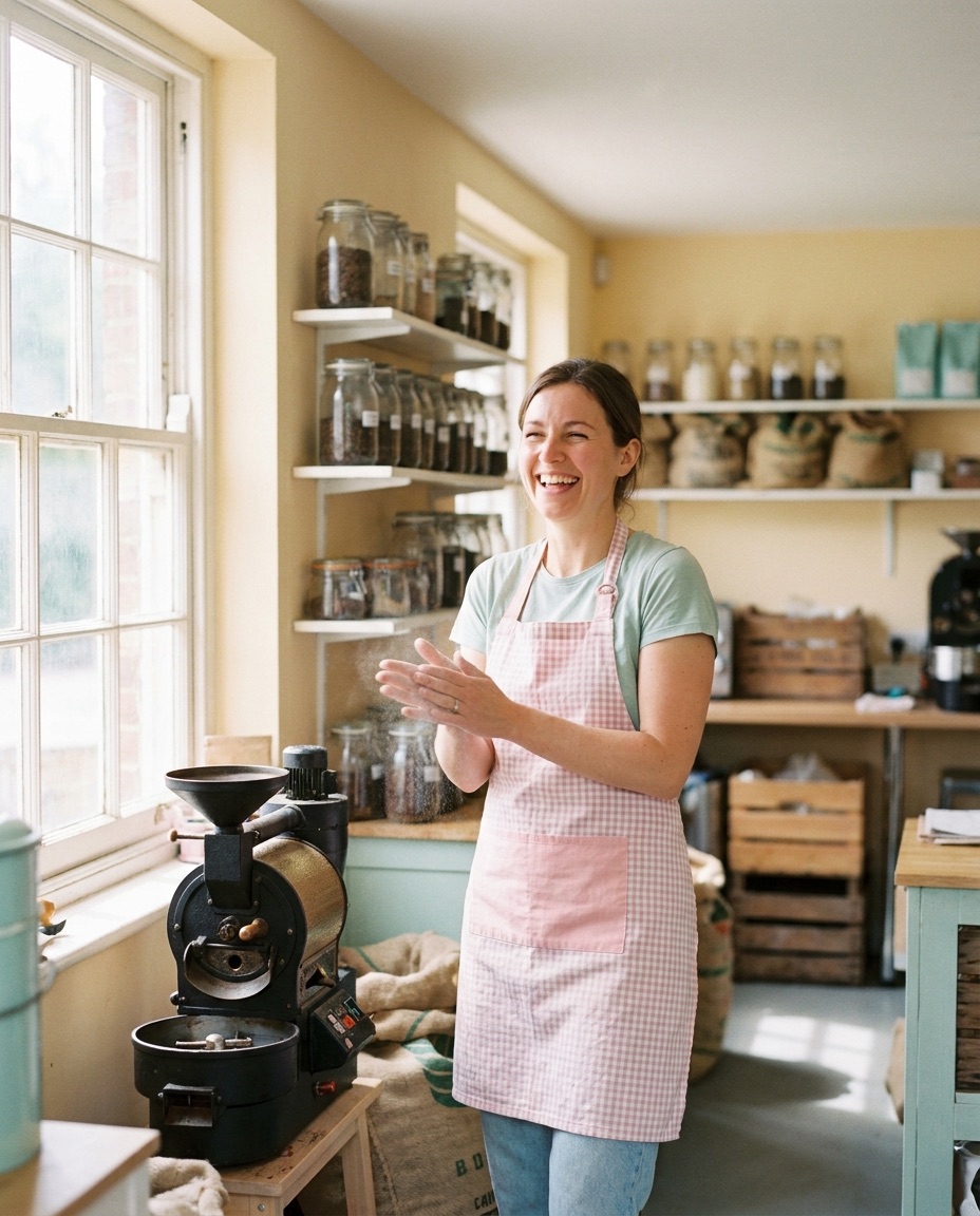 A roaster in a pink gingham apron laughing beside a small drum roaster in a sunlit pastel roastery